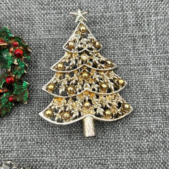 6 Festive Enamel & Rhinestone Christmas Tree Wreath Brooch Pin - Picture 9 of 15